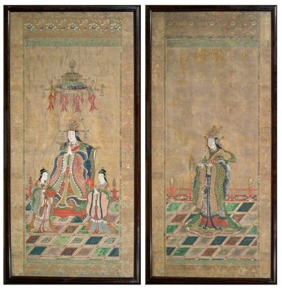 null Two gold and coloured inks on silk, one depicting a deity standing holding a...