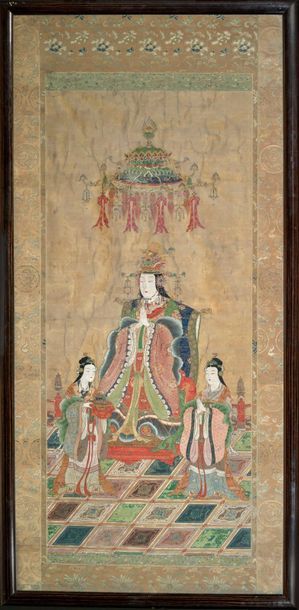 null Two gold and coloured inks on silk, one depicting a deity standing holding a...