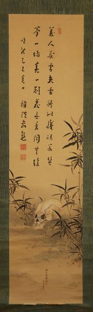 null Triptyque
Encre sur soie, les attributs bouddhiques:
Scrâne parmi les bambous.
Signé...