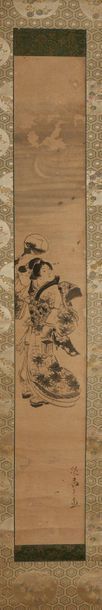 D'après Hosoda Eisho (actif 1780-1800) 
Encre sur papier, bijing avec un éventail...