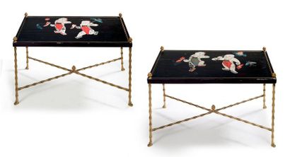Maison BAGUÈS Pair of end tables with lacquered tops decorated with Chinese characters...