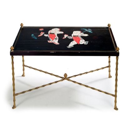 Maison BAGUÈS Pair of end tables with lacquered tops decorated with Chinese characters...