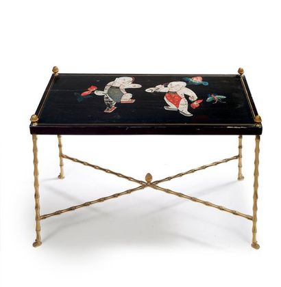 Maison BAGUÈS Pair of end tables with lacquered tops decorated with Chinese characters...