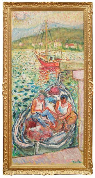 Janine NESSLER (né en 1925) 
Le yacht rouge
Huile sur toile signée en bas à droite
100...