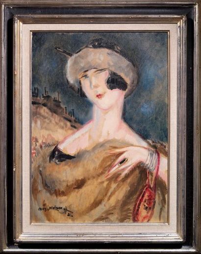Aris METZANOFF (XIX-XXème) 
Portrait de femme au chapeau
Huile sur toile signée en...