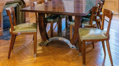 Jules LELEU (1883-1961) Rare suite of ten walnut chairs with a metal bar inserted...