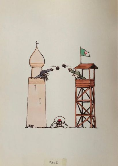 Jean-Jacques Loup, dit LOUP (1936-2015) Minaret contre tour de guet

Dessin aquarelle,...