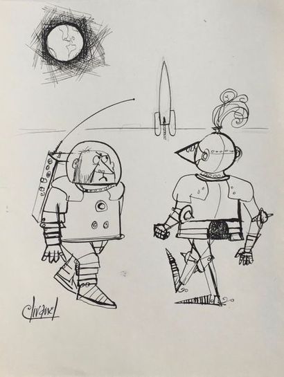 CLIVANEL (1938), dit CALVI Astronaute et chevalier devant une fusée

Dessin aquarelle,...