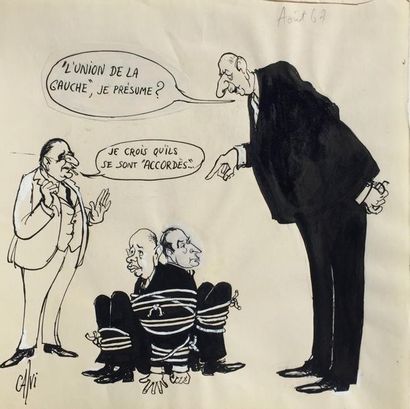 CLIVANEL (1938), dit CALVI Mitterrand, Guy Mollet et Pompidou 

Dessin aquarelle,...