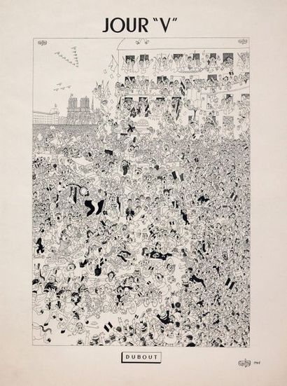DUBOUT Albert. 
Jour «V». Libération de Paris. 1945. Lithographie originale. Tampon...
