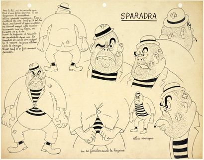 DUBOUT ALBERT For the cartoon
Lot of three drawings featuring Sparadra, Mr. and Mrs....