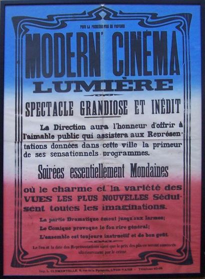 null MODERN CINEMA LUMIERE
1907.
61 x 85 cm. Affiche française. Non signée. Imp....