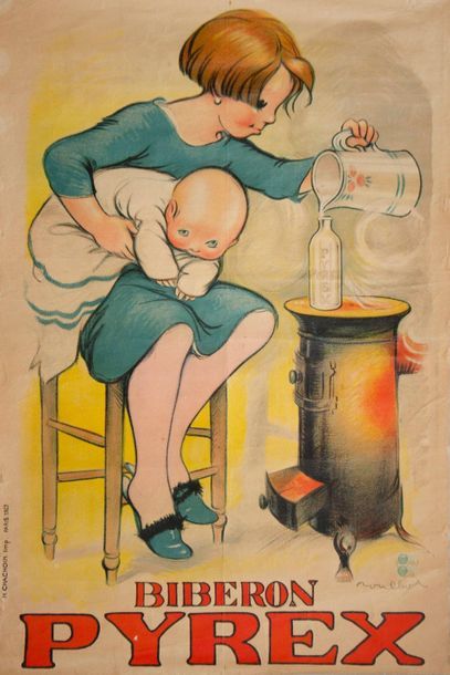 POULBOT Francisque 
Pyrex baby bottle. 1929.
Rare lithographic poster. H. Chachoin...