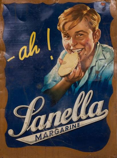 ANONYME Ah ! Sanella Margarine.
Rare et grande tôle allemande lithographiée et peinte....