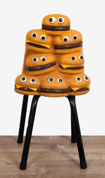MCDONALD's 
Cheeseburger-Hamburger Chair.
Vintage McDonald's polychrome molded plastic...