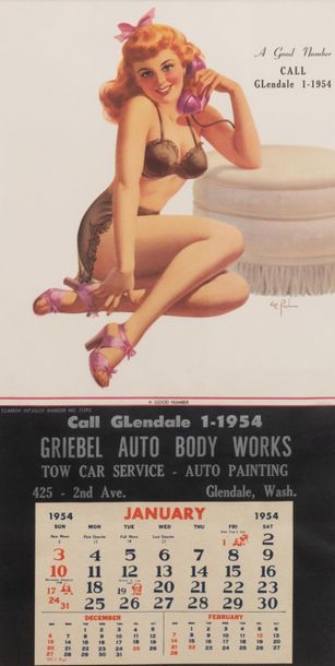 FRAHM ART 
Calendrier Pin-Up. A good number. Calendrier pour Griebel Auto Boby Works...