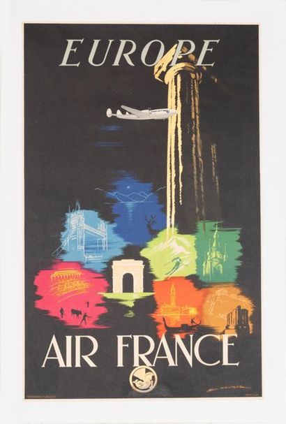 MAURUS Edmond 
Air France. Europe. 1948.
Lithographic poster. 209 P./4-48. Goossens...