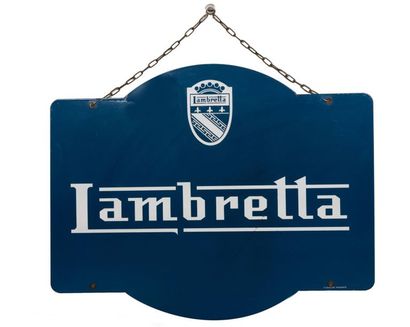 LAMBRETTA Beautiful single-sided white enamel plate on a blue background decorated...