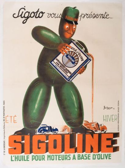 BELLENGER Jacques et Pierre 
Sigoto presents Sigoline olive-based motor oil. 1935.
Lithographic...