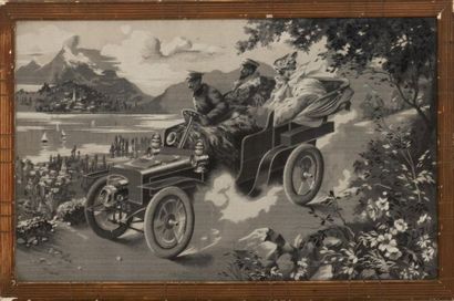 ANONYME Car ride by the lake. Circa 1905-1914.
Made of silk thread. Framed, good...