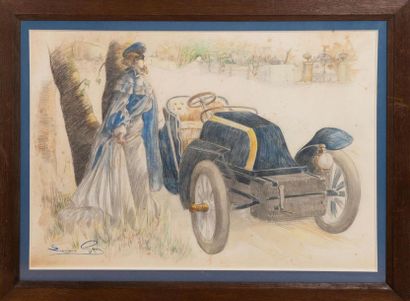 GRÜN Lucien (XIX-XX) 
Elegant to the car.
Pencils and watercolour signed lower left....