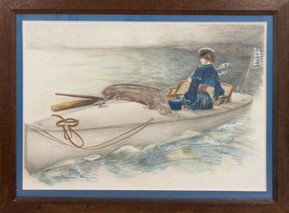 GRÜN Lucien (XIX-XX) 
Elegant in the canoe.
Pastel and watercolour signed lower left....