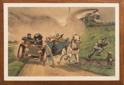 CHOQUET René Maxime (1872-1958) 
Speed. Circa 1900.
Lithograph enhanced with watercolour....