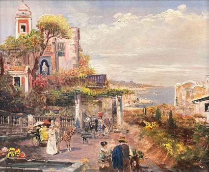 Ecole Napolitaine Villa animated bay of Naples 
Oil on panel signed lower left and...