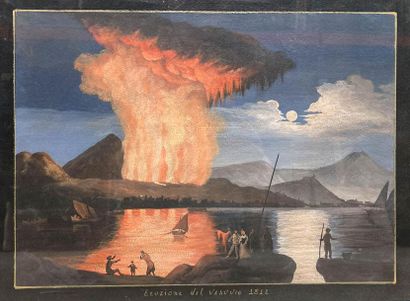 Ecole Napolitaine Eruptions du Vésuve 
Paire de gouaches 
35 x 25 cm