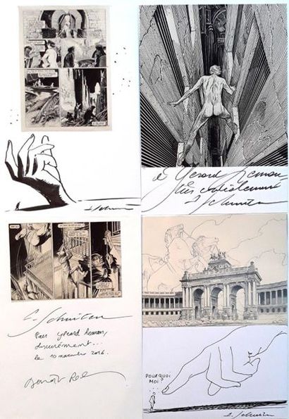 Schuiten - dédicaces Set of 4 documents (A5) decorated with dedications (2 drawings)...