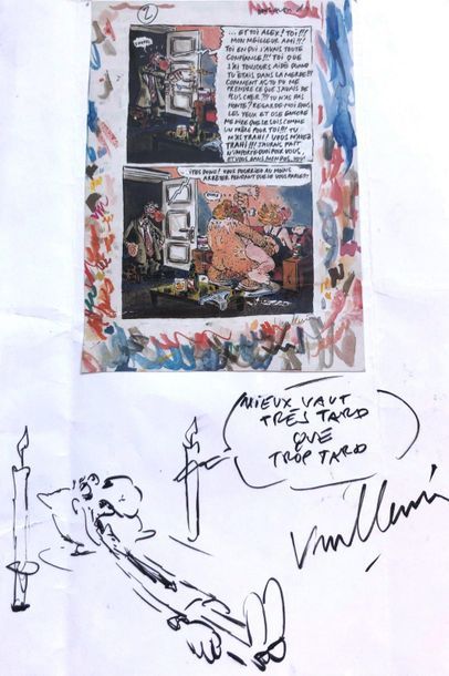 Vuillemin - dédicace Rare dessin sur feuille (A5) accompagné de son enveloppe d'...