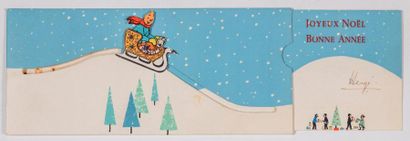 HERGÉ Greeting Card 1960: Superb moving card showing Tintin in a sleigh going down...