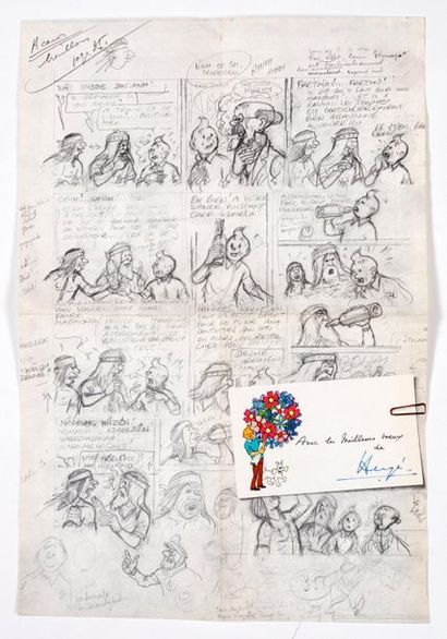 HERGÉ Carte de Voeux 1975 : Reproduction d'une planche crayonnée ces Picaros. Signée...