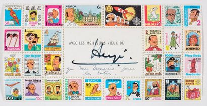HERGÉ Greeting Card 1976: Souvenir sheet of forged stamps. Signed by Hergé. Near...