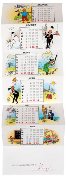 HERGÉ Carte de Voeux 1983 : Carte calendrier dépliante. Signée par Hergé. Proche...