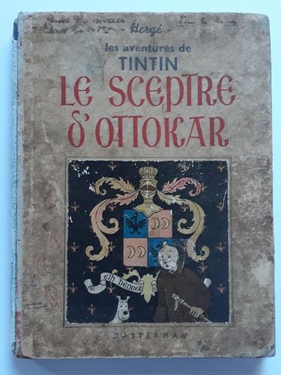Hergé - dédicace Tintin N&B Le sceptre d'Ottokar (A7 sans les HT). Edition originale...
