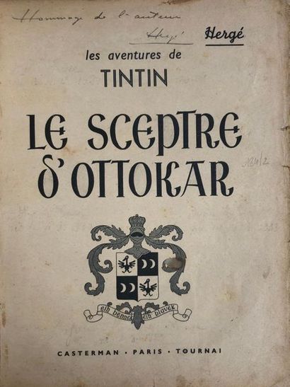 Hergé - dédicace Tintin N&B Le sceptre d'Ottokar (A7 sans les HT). Edition originale...