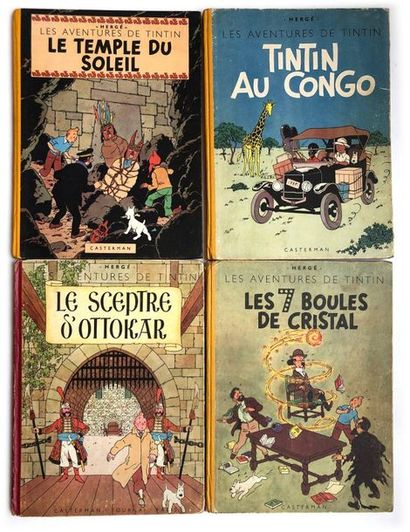 TINTIN ensemble de 4 albums : Au Congo (B1, dos jaune, 1946), Les 7 boules de cristal...