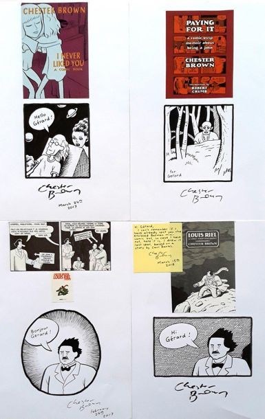 Chester Brown - dédicaces Ensemble de 4 documents (A5) agrémentés de dessins. Avec...