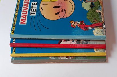 Spirou et Fantasio set of 4 albums: 7 (red spine 1962), 8 (light blue spine 1964),...