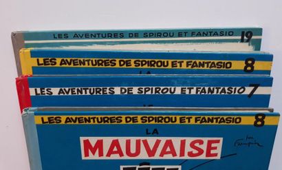 Spirou et Fantasio set of 4 albums: 7 (red spine 1962), 8 (light blue spine 1964),...