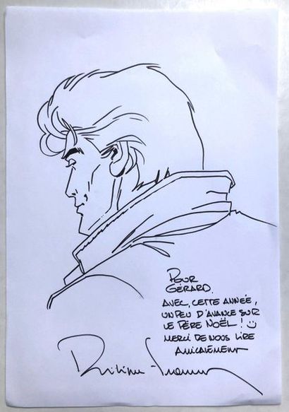 Francq - dédicace Superb drawing on sheet (A4) representing Largo Winch. With 2 signed...