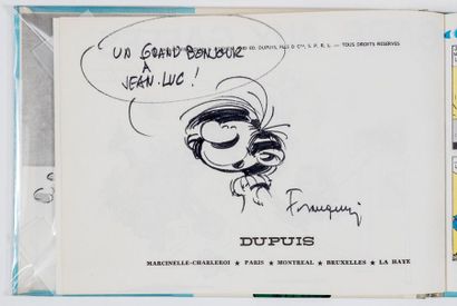 Franquin - dédicace Gaston 1, Gare aux gaffes agrémenté d'un très beau dessin représentant...