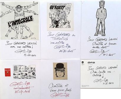 Gotlib - dédicaces Ensemble de 6 documents (formats carte postale/A5) agrémentés...