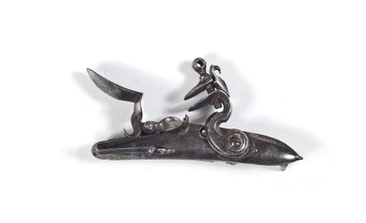 null Left lock of flintlock shotgun. Turntable and swan neck dog with body. Spark...