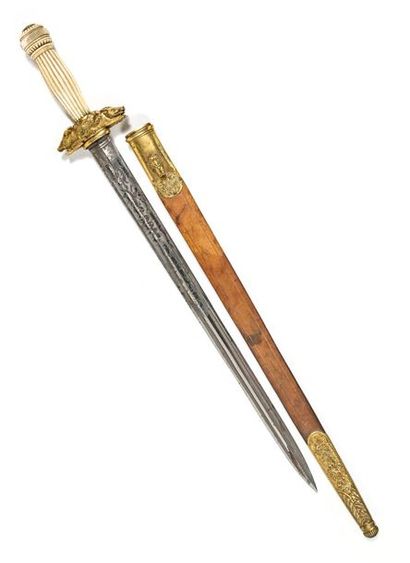 null Superb venery dagger.
Carved and grooved ivory handle. Carved and chiselled...