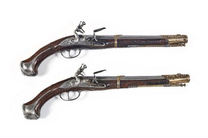 Long pair of European flintlock pommel pistols,...