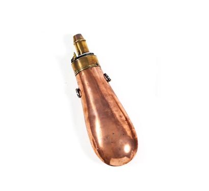 Powder flask with two rings of hangers. Copper...