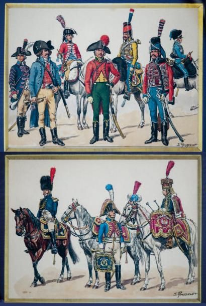 Rousselot. (L.) Deux aquarelles originales: plusieurs types de hussards Révolution-Consulat...