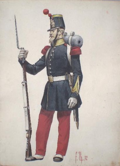 Thuillier. (F.) Carabinier d'infanterie légère vers 1850. Aquarelle originale signée....